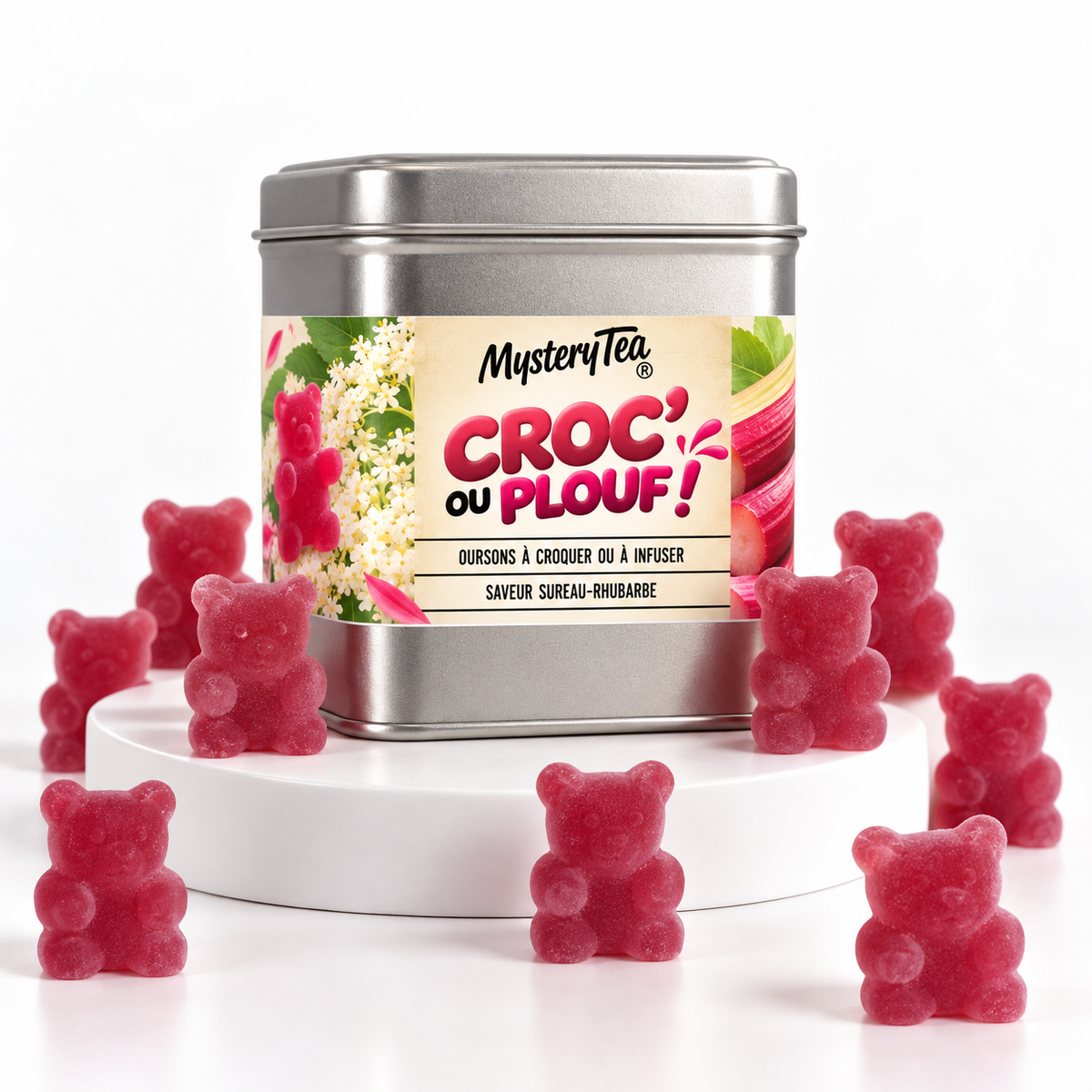 Boîte MysteryTea® Croc’ ou Plouf ! saveur sureau-rhubarbe entourée d’oursons rouges