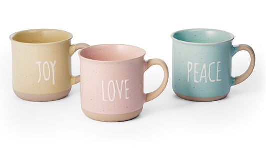 Lot de 3 mugs en grès pastel – LOVE, PEACE & JOY (250 ml)
